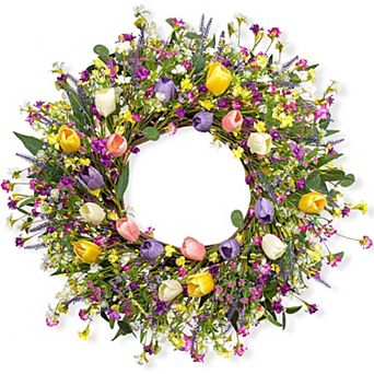 Spring Tulip Wreath Colorful Floral for Front Door Farmhouse