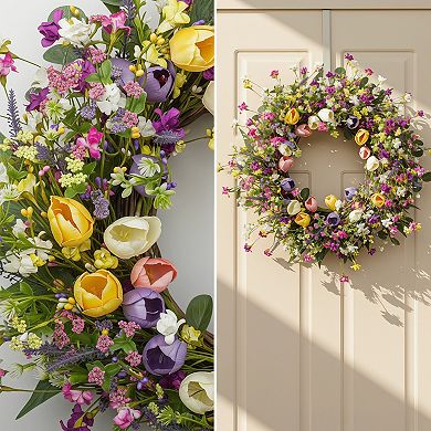 Spring Tulip Wreath Colorful Floral for Front Door Farmhouse