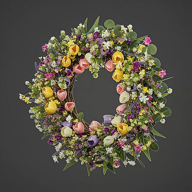 Spring Tulip Wreath Colorful Floral for Front Door Farmhouse