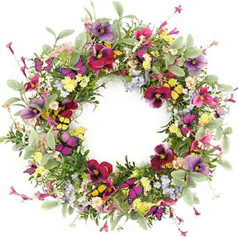 Spring Pansy Wreath Colorful with Berry Daisy for Front Door