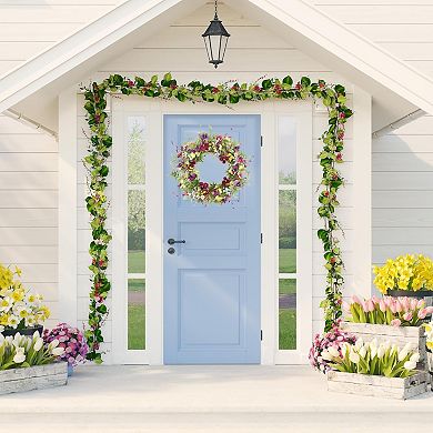Spring Pansy Wreath Colorful with Berry Daisy for Front Door