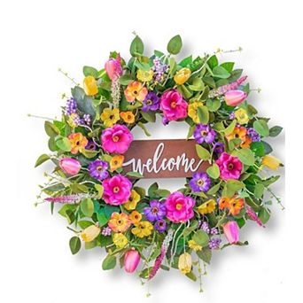 Spring Tulip Wildflower Wreath with Welcome Sign for Front Door