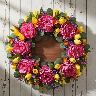 Spring Tulip Wildflower Wreath with Welcome Sign for Front Door
