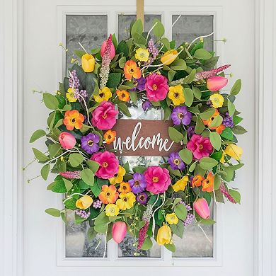 Spring Tulip Wildflower Wreath with Welcome Sign for Front Door