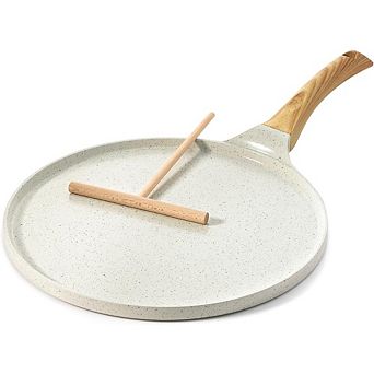 JUANWANG 10" Ceramic Crepe Pan with Spreader, Induction Compatible, White