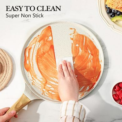JUANWANG 10" Ceramic Crepe Pan with Spreader, Induction Compatible, White
