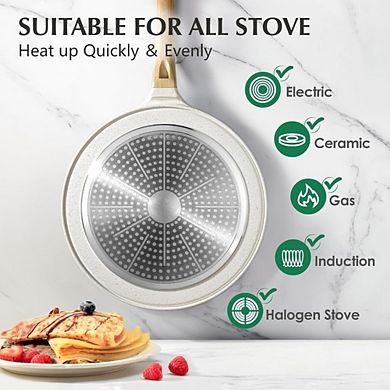 JUANWANG 10" Ceramic Crepe Pan with Spreader, Induction Compatible, White