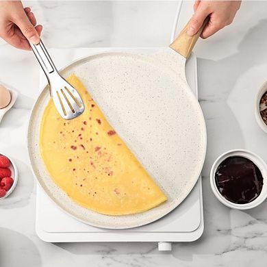 JUANWANG 10" Ceramic Crepe Pan with Spreader, Induction Compatible, White