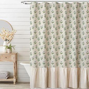 Zoulao Linen Ruffle Shower Curtain, Vintage Floral Block Print, 72x72, Beige & Green.