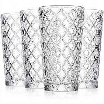 Drinking Glass Set of 4 Textured Diamond Cut, Elegant Glassware