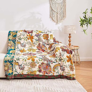 Boho Throw Blanket, Cotton Ultra Soft Luxury Throw Rustic Quilt, 60"x80" Floral Printed Farmhouse