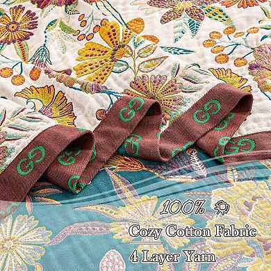 Boho Throw Blanket, Cotton Ultra Soft Luxury Throw Rustic Quilt, 60"x80" Floral Printed Farmhouse