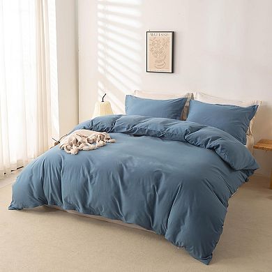 Washed Cotton Duvet Cover Queen Size Soft Breathable Durable Bedding with Zipper Closure - 3 Pieces