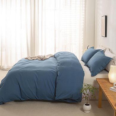 Washed Cotton Duvet Cover Queen Size Soft Breathable Durable Bedding with Zipper Closure - 3 Pieces