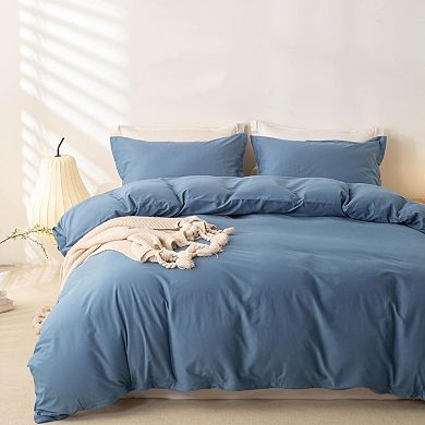 Washed Cotton Duvet Cover Queen Size Soft Breathable Durable Bedding with Zipper Closure - 3 Pieces