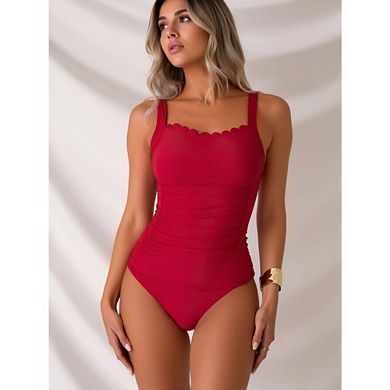Women's Scallop Two Pieces Swimsuit Tummy Control High Waisted Bathing Suit with Adjustable Straps