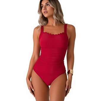 Women's Scallop Two Pieces Swimsuit Tummy Control High Waisted Bathing Suit with Adjustable Straps