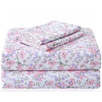 Cozy Vintage Microfiber Printed Queen Sheet Set - Soft Breathable Percale Cotton Floral Bed Sheets