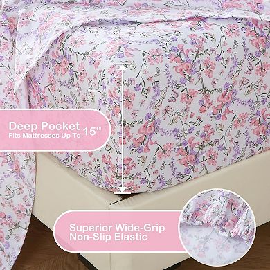 Cozy Vintage Microfiber Printed Queen Sheet Set - Soft Breathable Percale Cotton Floral Bed Sheets