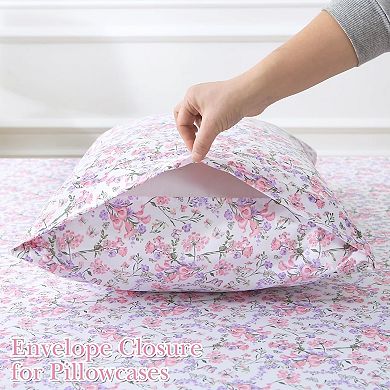 Cozy Vintage Microfiber Printed Queen Sheet Set - Soft Breathable Percale Cotton Floral Bed Sheets
