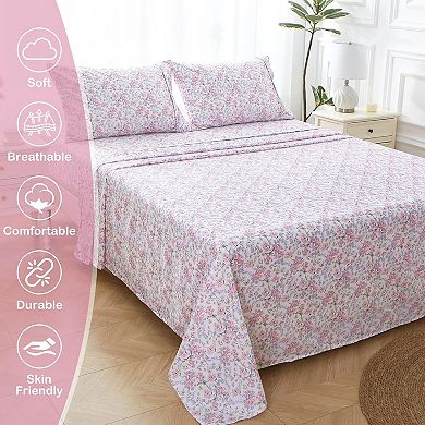 Cozy Vintage Microfiber Printed Queen Sheet Set - Soft Breathable Percale Cotton Floral Bed Sheets