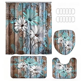 Farmhouse Flower Floral Shower Curtain Set 4 pc Rustic Teal Turquoise Daisy Bathroom Accessory Set
