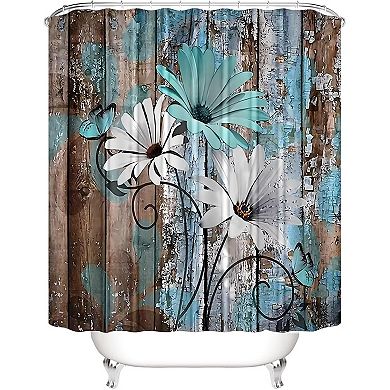 Farmhouse Flower Floral Shower Curtain Set 4pcs Rustic Teal Turquoise Daisy Bathroom Accessory Set