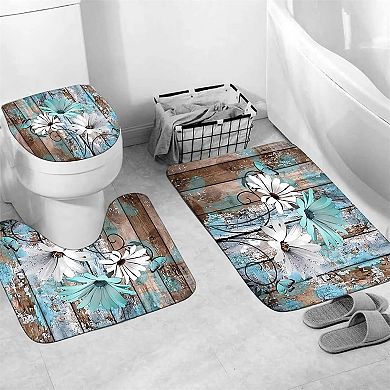 Farmhouse Flower Floral Shower Curtain Set 4pcs Rustic Teal Turquoise Daisy Bathroom Accessory Set