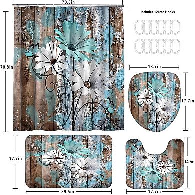 Farmhouse Flower Floral Shower Curtain Set 4pcs Rustic Teal Turquoise Daisy Bathroom Accessory Set