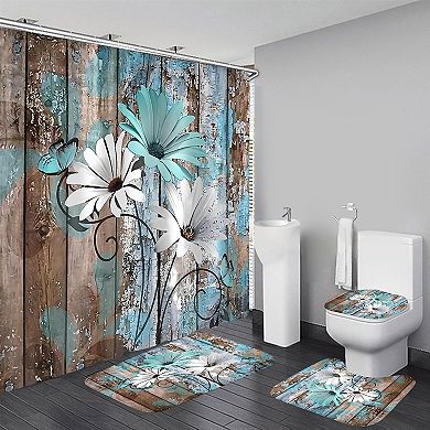Farmhouse Flower Floral Shower Curtain Set 4pcs Rustic Teal Turquoise Daisy Bathroom Accessory Set