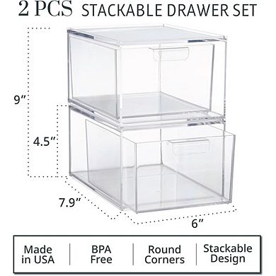 2-Pack Clear Stackable Plastic Organizer Drawers for Cosmetics & Beauty
