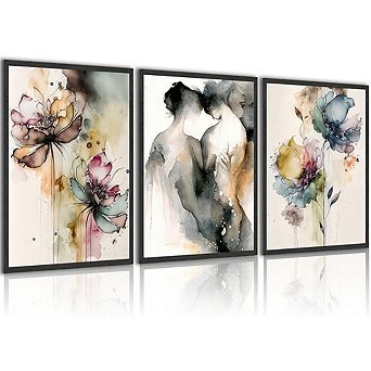 Watercolor Canvas Wall Art Set of 3 Abstract Romantic Couple Floral Prints Decor