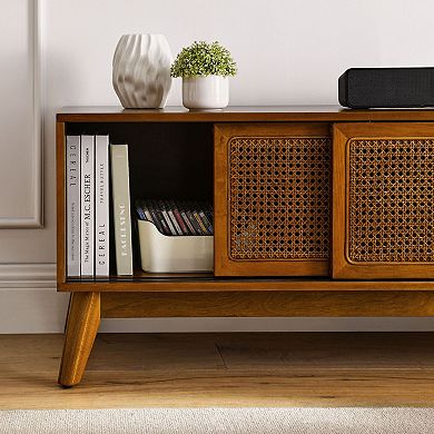 Trikiousd 59" Mid Century Modern Rattan TV Stand with Storage, Media Console for 65 Inch TV