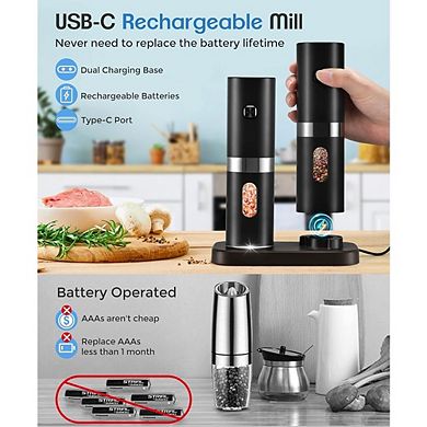 Electric Salt & Pepper Grinder Set, Rechargeable, Adjustable Coarseness, LED Light