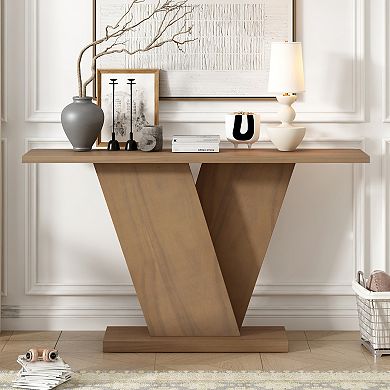 Trikiousd Classic Console Table with Natural Wood Veneer & V-Base Design