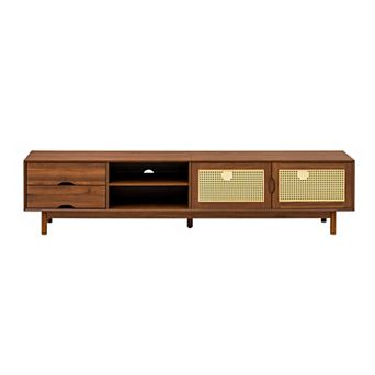 Trikiousd 78" Rattan TV Stand with 2 Drawers & Solid Wood Legs