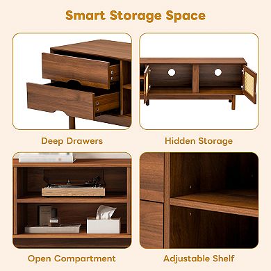 Trikiousd 78" Rattan TV Stand with 2 Drawers & Solid Wood Legs