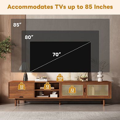 Trikiousd 78" Rattan TV Stand with 2 Drawers & Solid Wood Legs