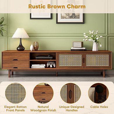 Trikiousd 78" Rattan TV Stand with 2 Drawers & Solid Wood Legs