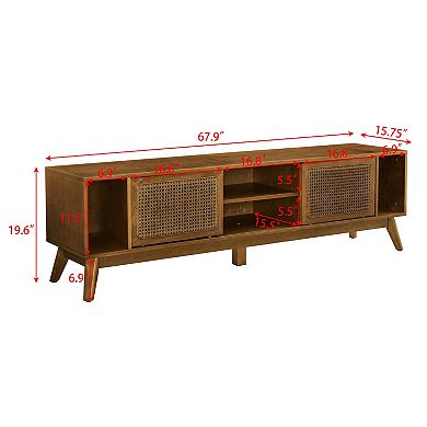Trikiousd 67.9" Mid Century Modern Rattan TV Stand with Storage