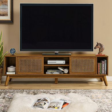Trikiousd 67.9" Mid Century Modern Rattan TV Stand with Storage