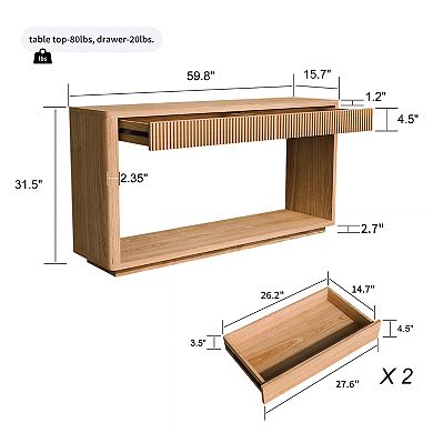 Trikiousd 60" Modern Fluted Console Table Sofa Table Behind Couch Table with 2 Drawers & Wood Veneer