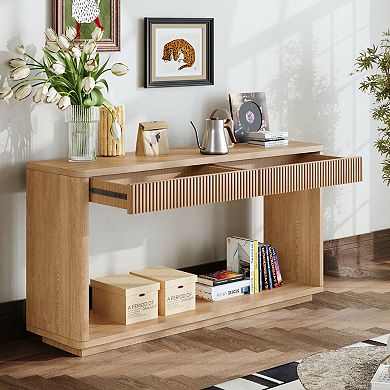 Trikiousd 60" Modern Fluted Console Table Sofa Table Behind Couch Table with 2 Drawers & Wood Veneer