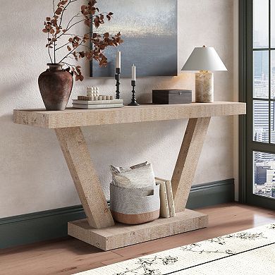 Trikiousd 60" Vintage Distressed Wood Console Table with 2-Tier Storage