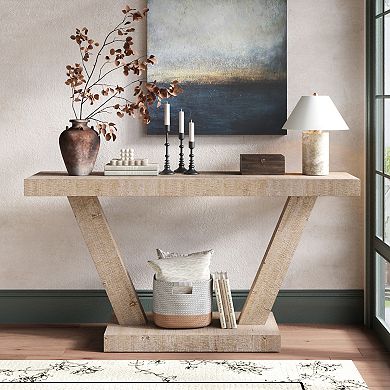 Trikiousd 60" Vintage Distressed Wood Console Table with 2-Tier Storage