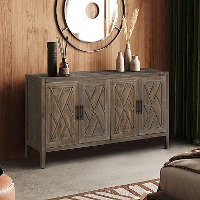 Trikiousd 60" Modern Farmhouse Console Table Accent Cabinet with 4 Doors & Adjustable Shelf