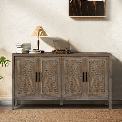 Trikiousd 60" Modern Farmhouse Console Table Accent Cabinet with 4 Doors & Adjustable Shelf