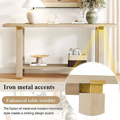 Trikiousd 62.9" Modern Minimalist Console Table Wood Entryway Sofa Table with Shelf & Metal Accents