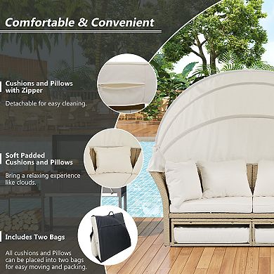 Trikiousd Outdoor Patio Daybed Wicker Rattan Round Sofa Set with Retractable Canopy & 4 Pillows