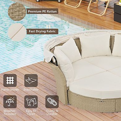 Trikiousd Outdoor Patio Daybed Wicker Rattan Round Sofa Set with Retractable Canopy & 4 Pillows